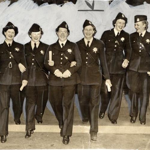 [Vera Wendt, Mary O'Malley, Rita Bernell, Florence Moodie, Elizabeth Rickey and Amy Sliger after making their bow as new Police Officers]