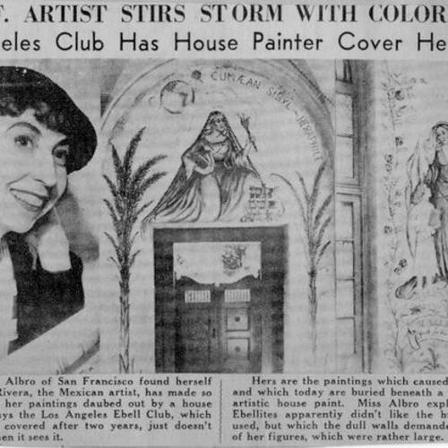 [Newspaper photograph of artist Maxine Albro and murals of Los Angeles Ebell Club]