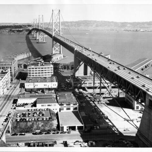 [View of suspension section of Bay Bridge and Yerba Buena Island as seen from San Francisco]
