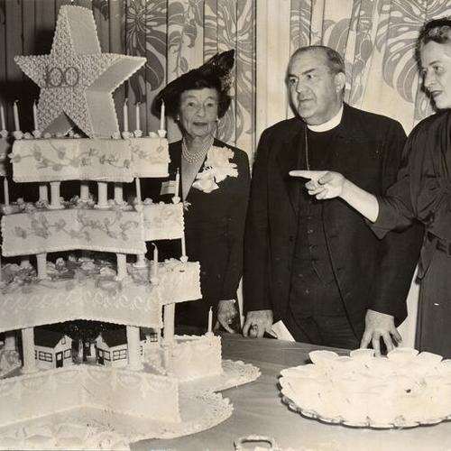 [Mrs. Atholl McBean, Bishop Karl Morgan Block and Mrs. E. Lawrence Bowes at a centennial celebration for Edgewood Orphanage]