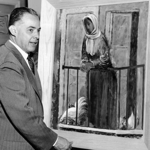 [Artist Antonio Sotomayor with one of his paintings]