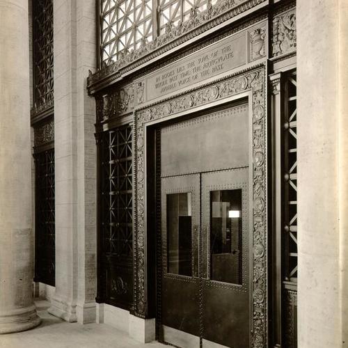 [Interior of Main Library - entrance into reading room from Delivery Hall]