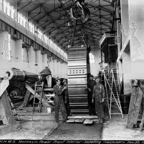 [H.H.W.S. Moccasin Power Plant interior, installing machinery]