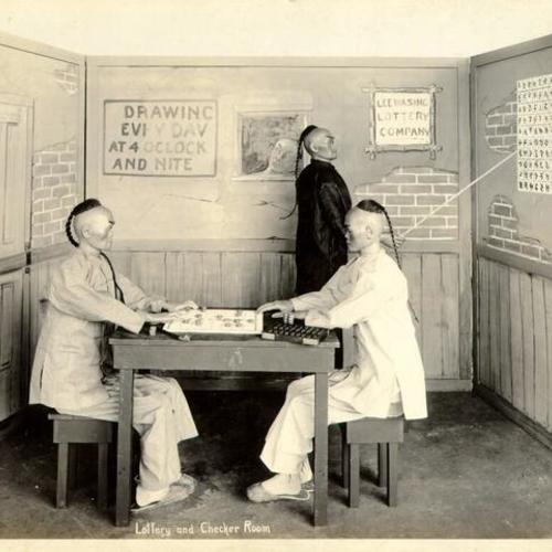 [Lottery and Checker Room, three male wax figures]