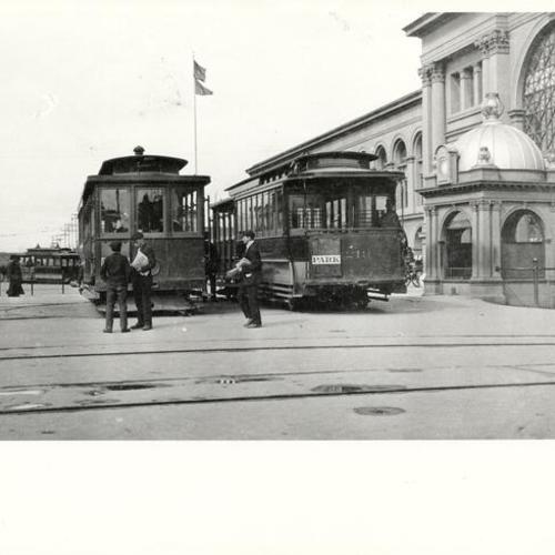 [Streetcars parked in front of the Ferry Building]
