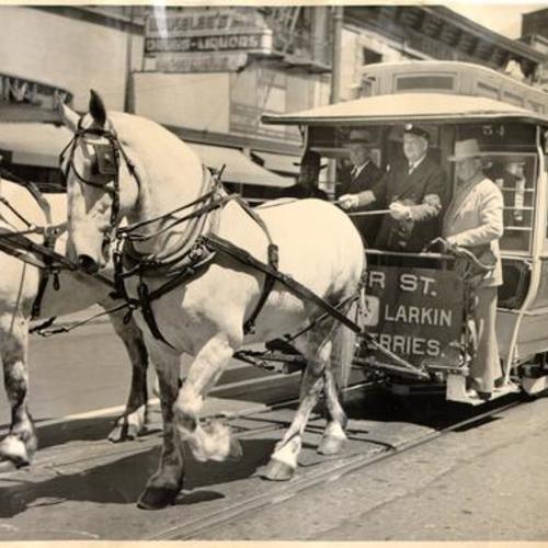 [Horse drawn streetcar with a sign on it promoting a plan for the city to purchase the Market Street Railway Company]