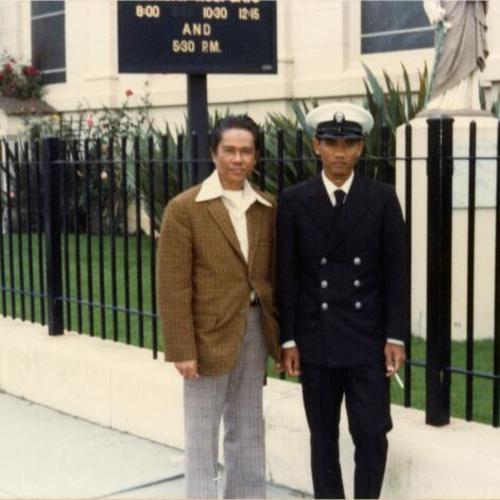 [Crisanto and Crisanto Jr. in front of St. Joseph's Church]
