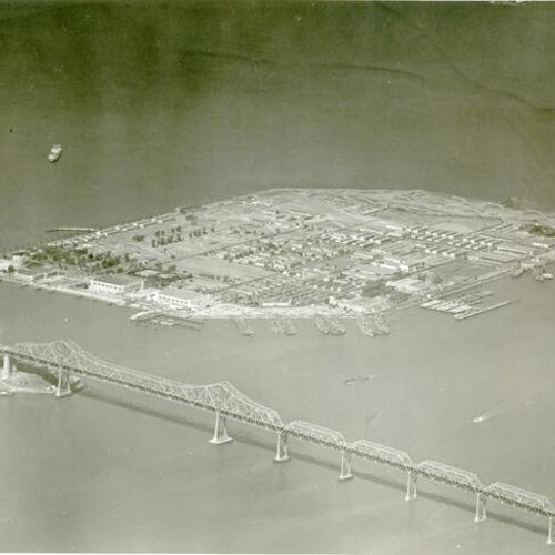 [Aerial view of Treasure Island and the Bay Bridge]