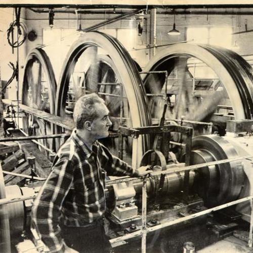 [Superintendent Cob Hitchon in the cable car powerhouse at Washington and Mason streets]