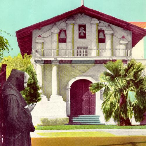 [Bishop Guilfoyle standing in front of Mission Dolores]