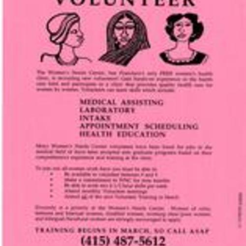 Volunteer Flyer, Women's Needs Center, February 1998