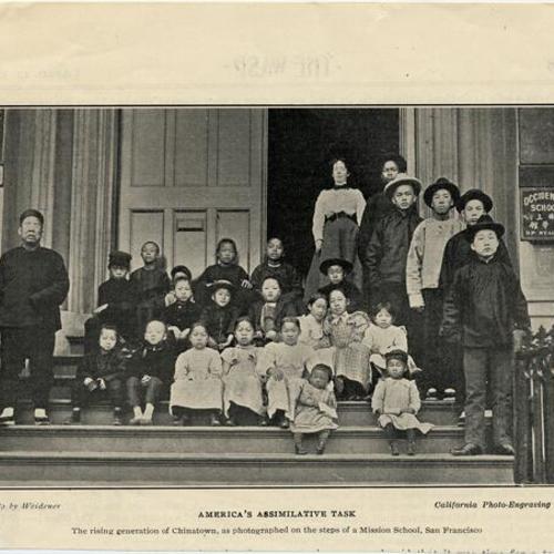 [Children from Chinatown posing on the steps of a Mission School]