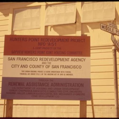 Hunters Point redevelopment project sign at Middle Point Road and Innes Avenue