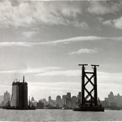 [Construction of towers on the western half of the San Francisco-Oakland Bay Bridge]