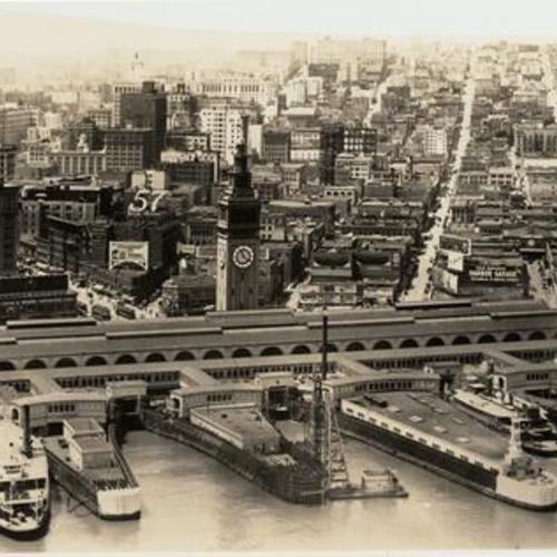 [Aerial view from the Bay, looking southwest, of ferry boats, piers, and the Ferry building]