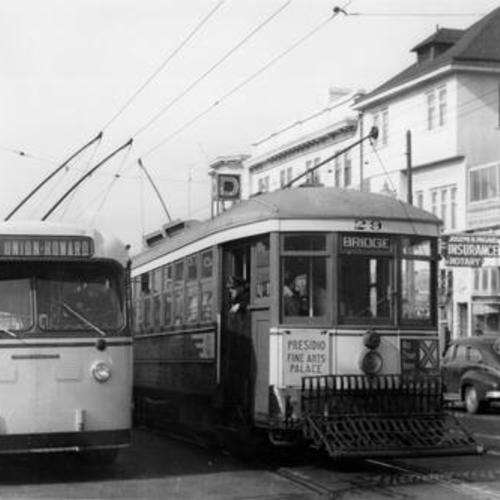 [Streetcar and bus on Union Street at Van Ness Avenue]