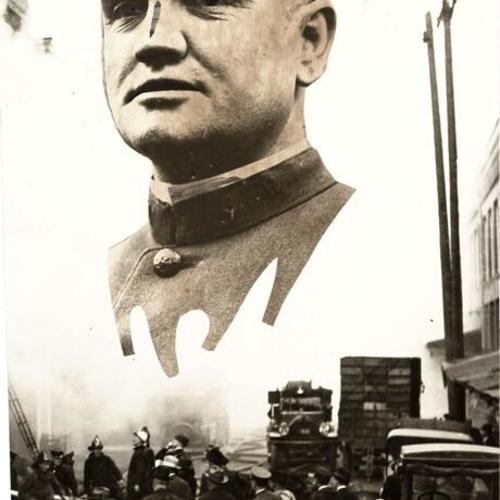 [Portrait of Officer William Taylor superimposed on a scene where firefighters are working to extinguish a fire]