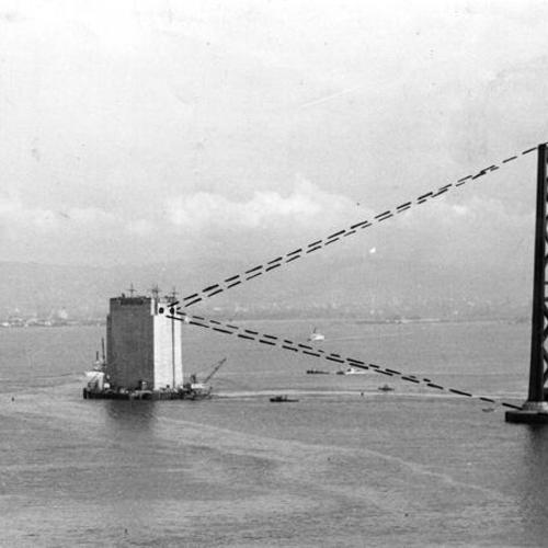 [View of San Francisco-Oakland Bay Bridge anchorage and tower during construction]