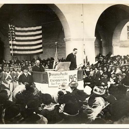[Exposition president C. C. Moore speaking at dedication of California Building, Panama-Pacific International Exposition]