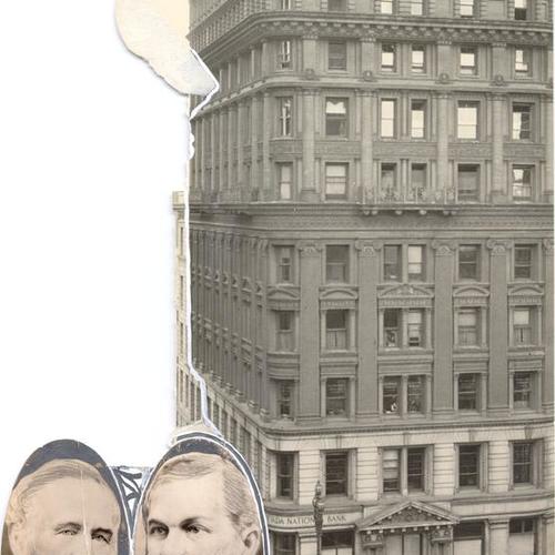 [Photograph of Wells Fargo Bank building with portraits of two unidentified men glued to front]
