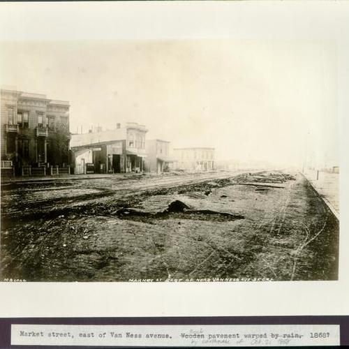 Market Street, east of Van Ness Avenue. Brick pavement warped by earthquake of Oct. 21, 1868