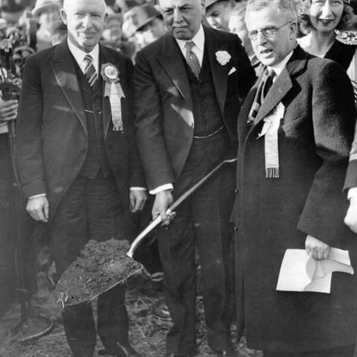 [Groundbreaking ceremony performed by W.P. Filmer, Mayor Rossi, and J.B. Strauss for construction of Golden Gate Bridge]