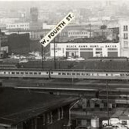 [View of trains blocking Jordan Street, West Fourth Street and Fourth Street at the Southern Pacific Depot]