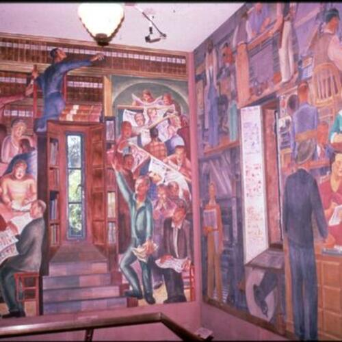 [Bernard Zakheim's Library fresco mural on the left and Suzanne Scheur's Newsgathering fresco mural on the right in Coit Tower]
