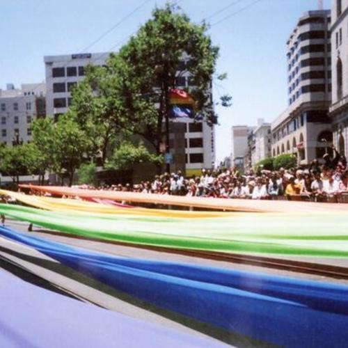 [Banners of rainbow at Pride Parade]