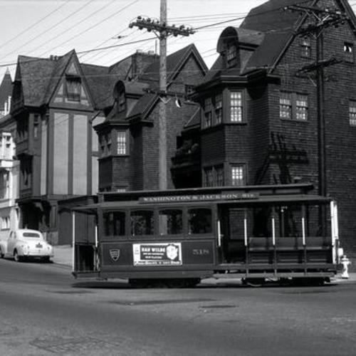 [Washington and Steiner streets looking southeast at outbound Washington & Jackson line cable car 518]