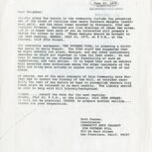 Letter regarding murals from Coordinator, Community Arts Project for Potrero Hill, to Potrero Hill neighbors (p. 1 of 4); 06-23-1975