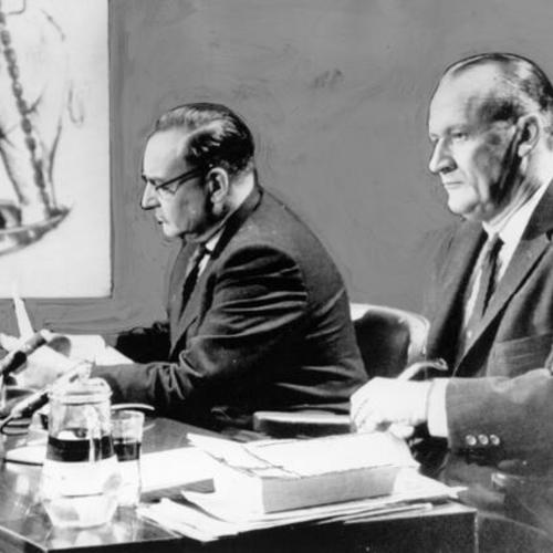 [At the Post, getting in final arguments before election day are candidates for governor, Attorney General Edmund G. Brown (left) and Senator William F. Knowland (right)]