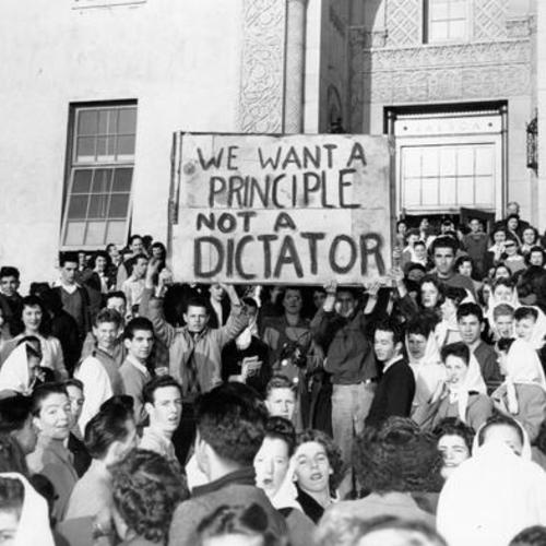 [Students holding up a sign, "We want a Principle Not a Dictator," during a strike at Balboa High School]