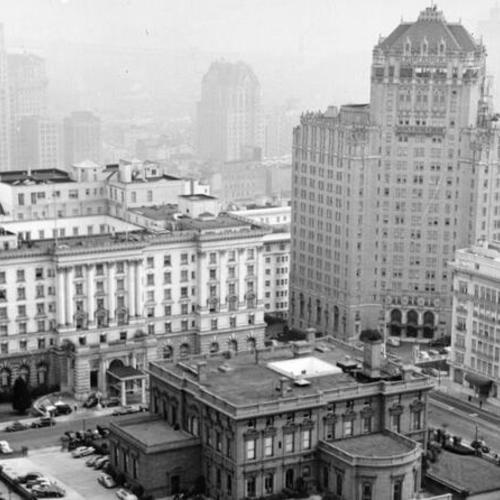 [Aerial view of the Fairmont Hotel and the Mark Hopkins Hotel]