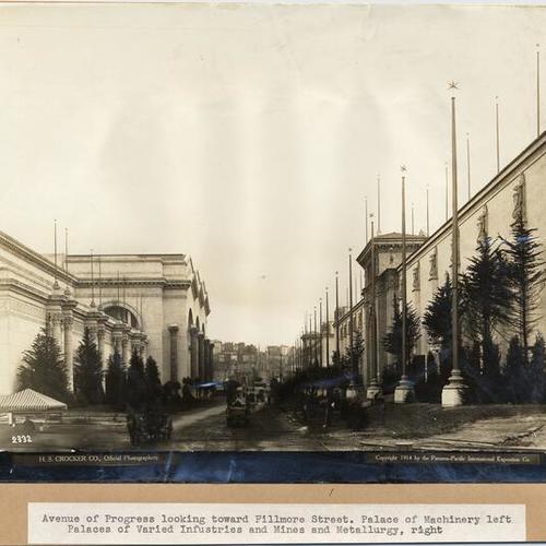 Avenue of Progress looking toward Fillmore Street. Palace of Machinery left. Palaces of Varied Industries and Mines and Metallurgy right