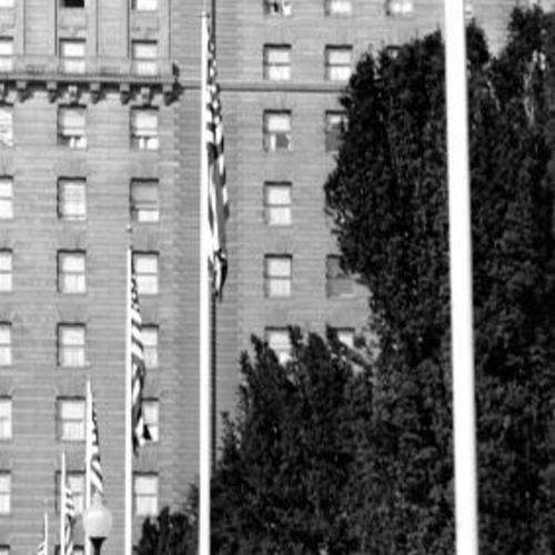 [Row of seven flag poles in Union Square Park]
