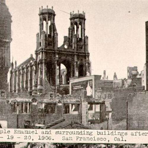 Ruins Temple Emanuel and surrounding buildings after the fire of April 18-19-20, 1906. San Francisco, Cal