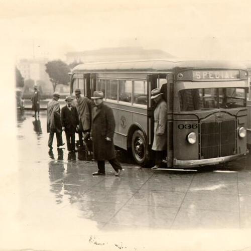 [Group of men getting off a Municipal Railway bus]
