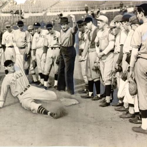 [San Francisco Seals manager Frank "Lefty" O'Doul overseeing spring rookie school at Seals Stadium]