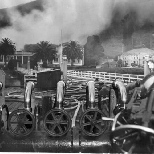 [Angel Island Administration building fire viewed from deck of fire boat Dennis T. Sullivan]