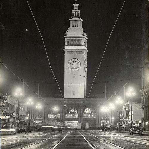 [View of Ferry Building at night]