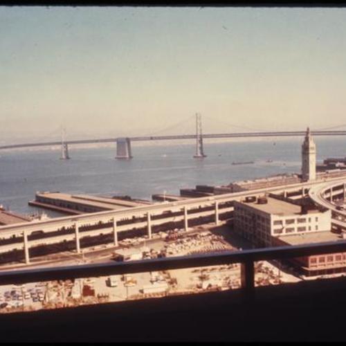Embarcadero view of Bay Bridge and Ferry Building from tower