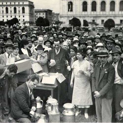 [Free lunch being served at Civic Center for cannery workers]