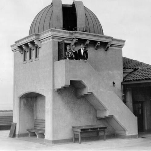 [Bea Haslacher, Paul Denke and Bob Haslacher on the steps of the Galileo High School observatory]
