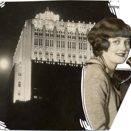 [View of the Pacific Telephone & Telegraph Company building at night, with inset of unidentified telephone operator]