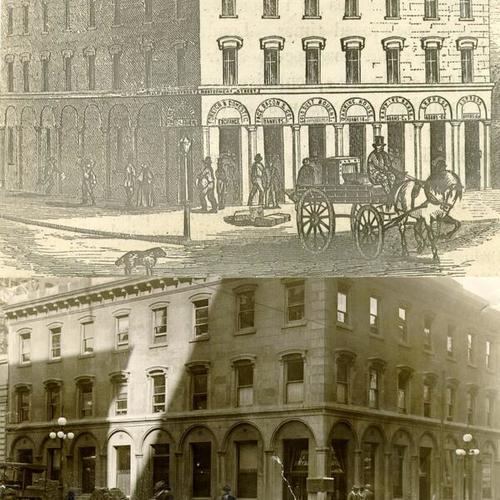 [Two photos, before and after, of the same corner, at California and Montgomery streets]