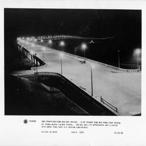 [Nighttime view of Oakland span of Bay Bridge from Yerba Buena Island prior to bridge opening]