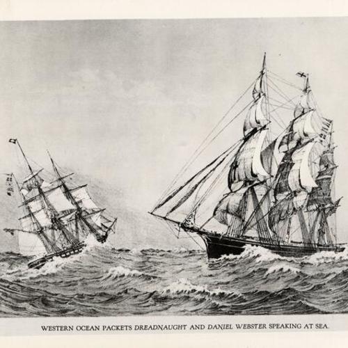 Western ocean packets Dreadnaught and Daniel Webster speaking at sea