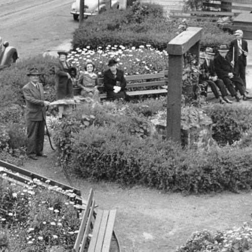 [Dr. William M. Tryon, left, sprinkles the flowers and shrubs of Lowell Park, smallest in the city]