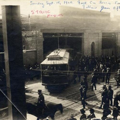 [First streetcar leaving the Fillmore and Turk Street car barn after the strike of 1907]
